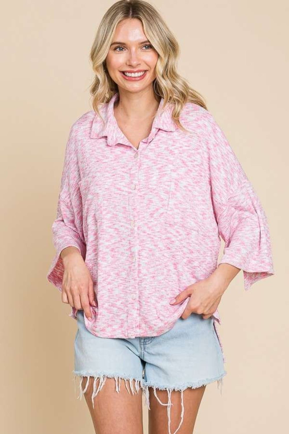 Culture Code Button Up Drop Shoulder Slit Shirt - Shirt - FLAMINGO PINK - Bella Bourget