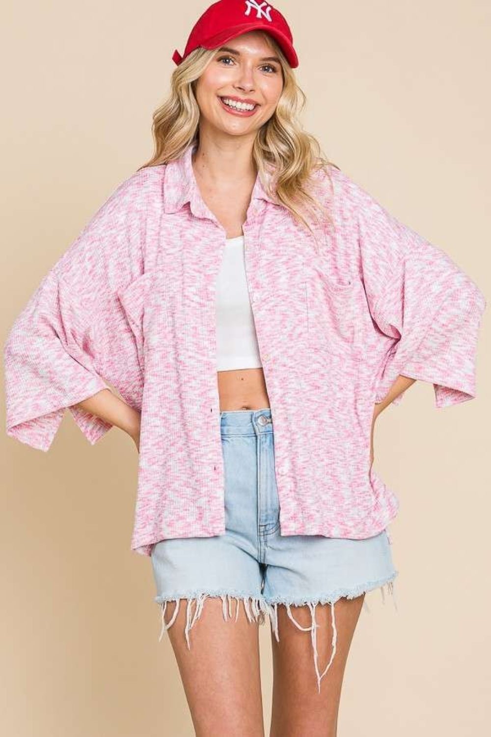 Culture Code Button Up Drop Shoulder Slit Shirt - Shirt - FLAMINGO PINK - Bella Bourget