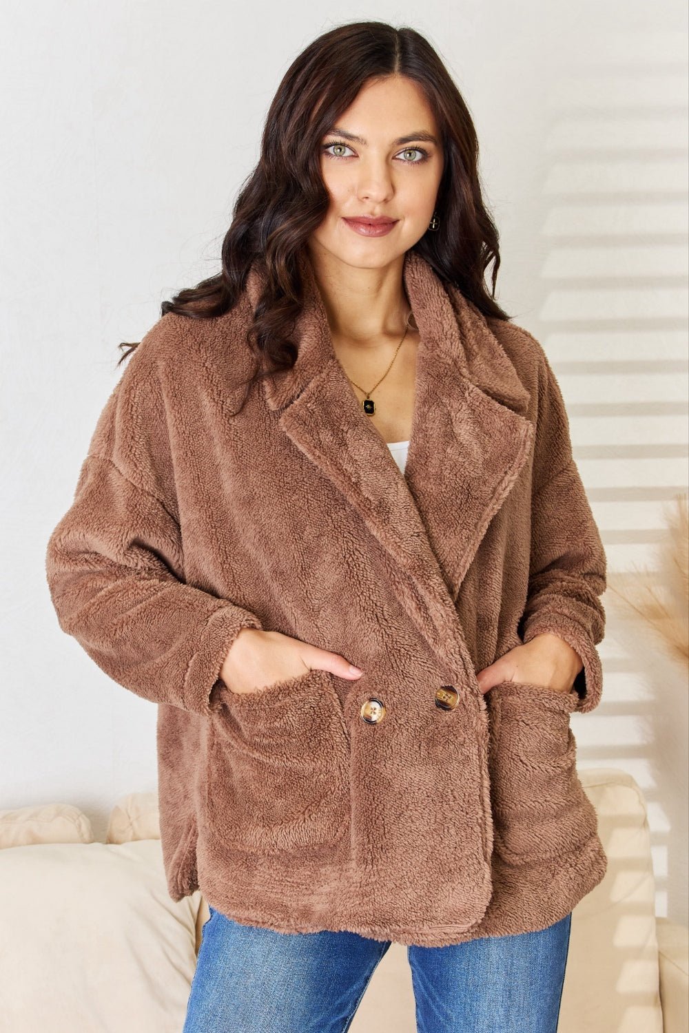 Culture Code Double Breasted Fuzzy Coat - Coat - New Taupe - Bella Bourget