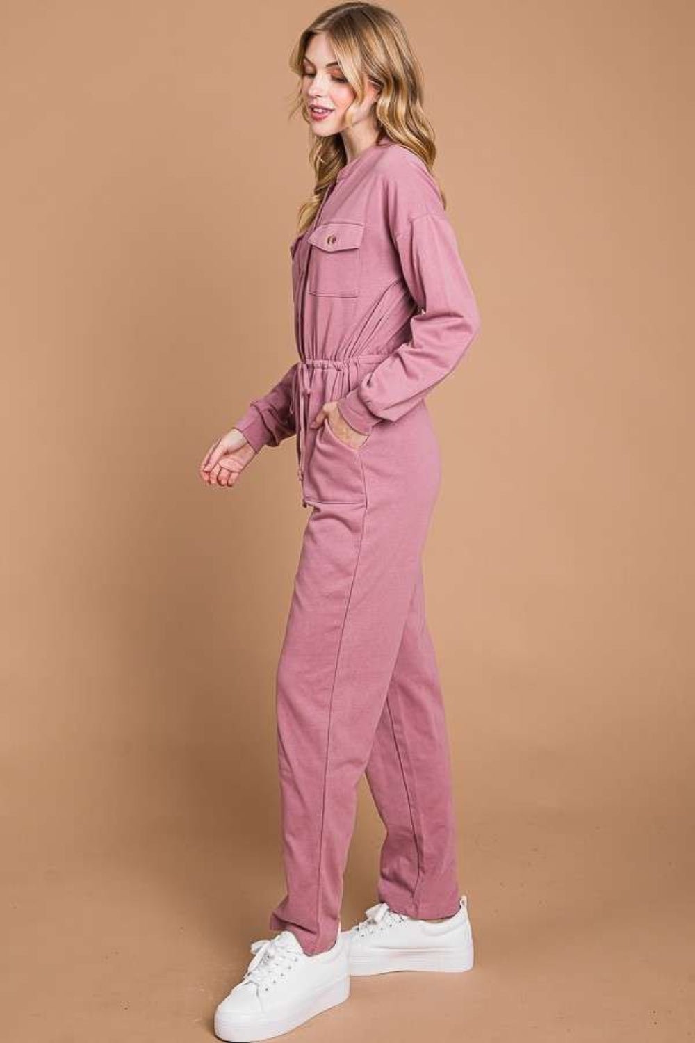 Culture Code Full Size Button Up Drawstring Waist Straight Jumpsuit - Jumpsuit - RED BEAN - Bella Bourget