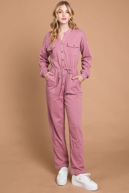 Culture Code Full Size Button Up Drawstring Waist Straight Jumpsuit - Jumpsuit - RED BEAN - Bella Bourget