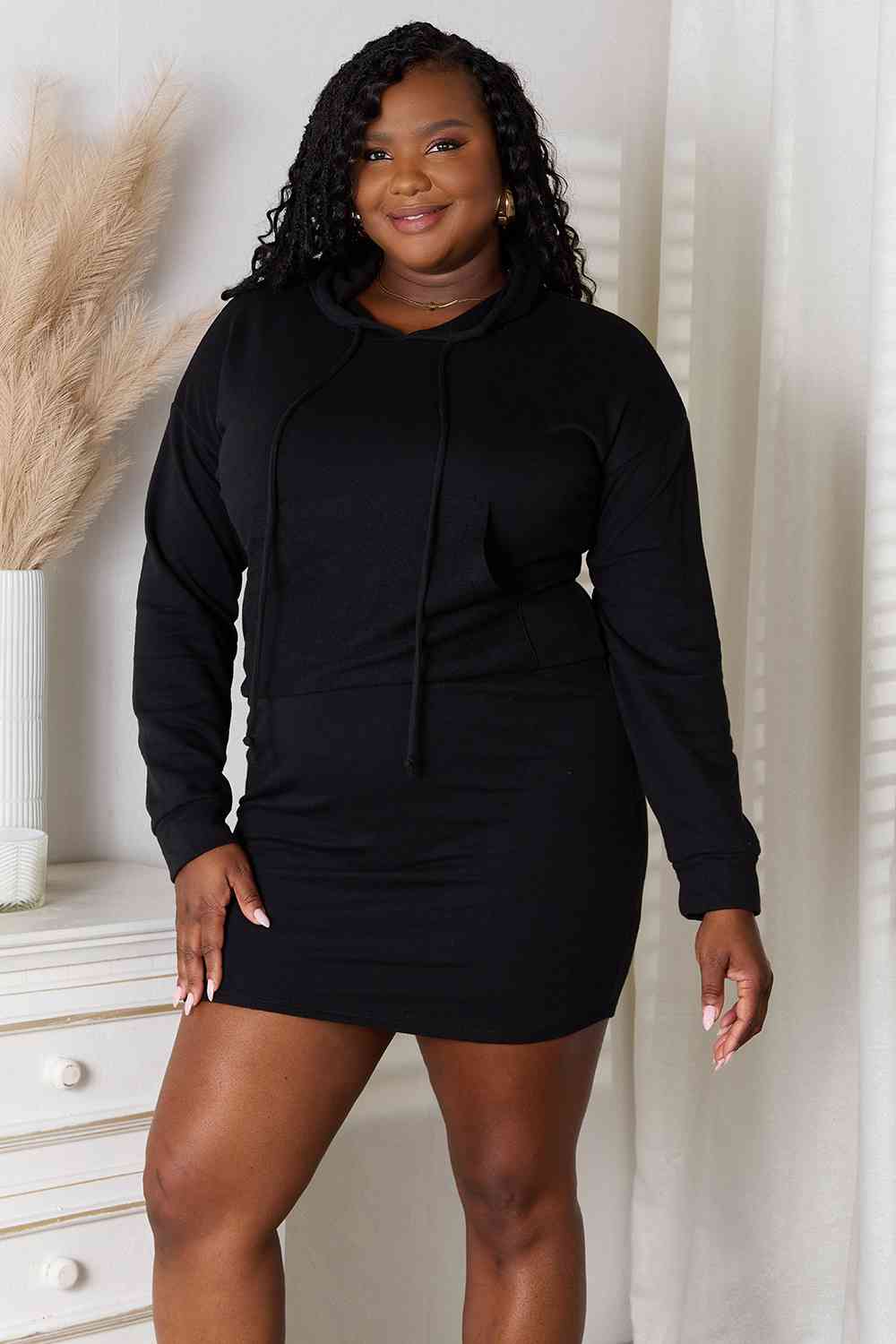 Culture Code Full Size Drawstring Long Sleeve Hooded Dress - Full Size Hoodie Dress - Black - Bella Bourget