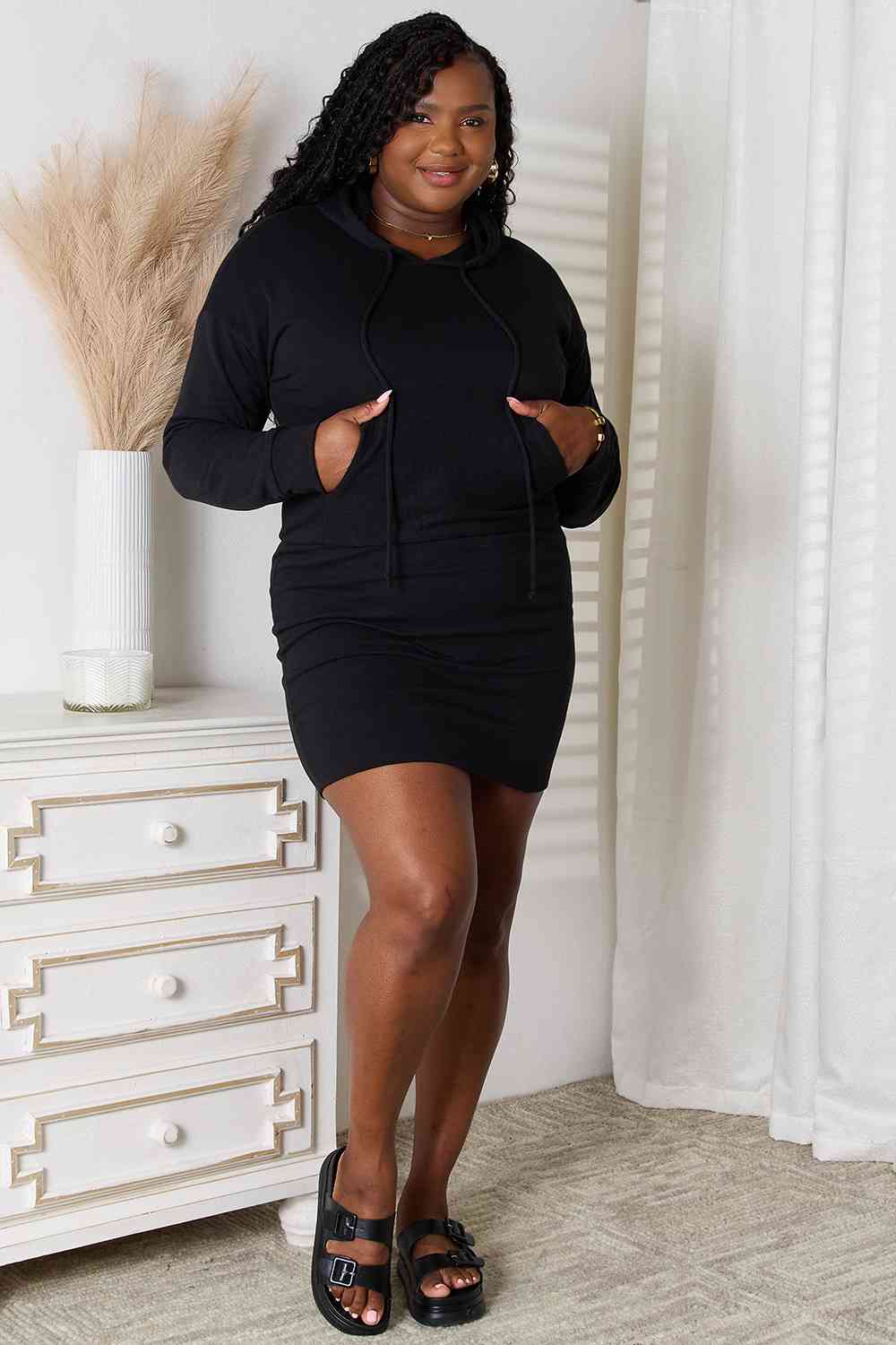 Culture Code Full Size Drawstring Long Sleeve Hooded Dress - Full Size Hoodie Dress - Black - Bella Bourget