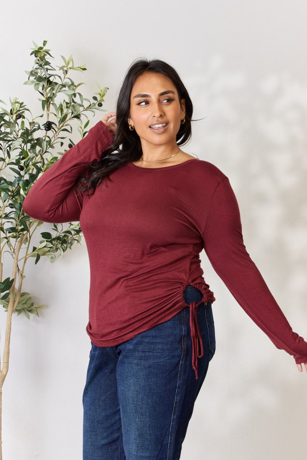 Culture Code Full Size Drawstring Round Neck Long Sleeve Top - Blouse - WINE - Bella Bourget