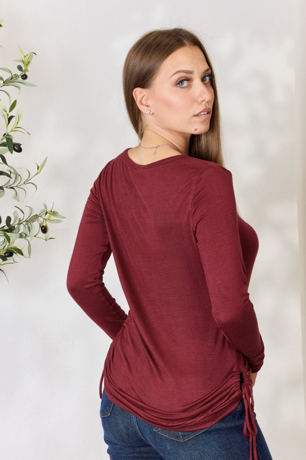 Culture Code Full Size Drawstring Round Neck Long Sleeve Top - Blouse - WINE - Bella Bourget