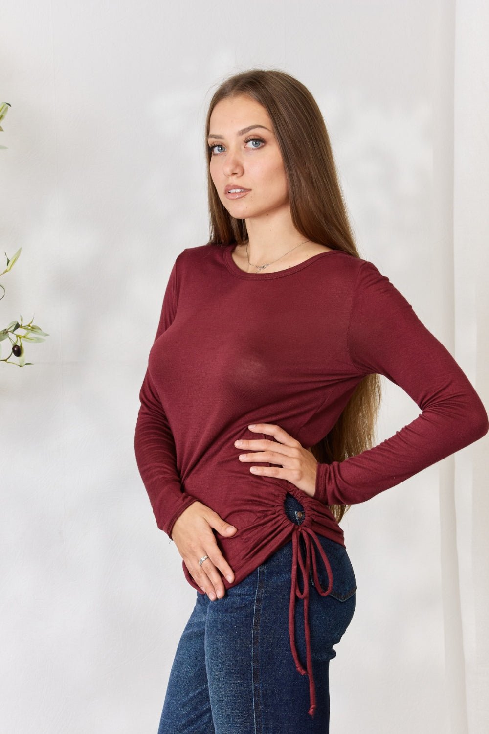 Culture Code Full Size Drawstring Round Neck Long Sleeve Top - Blouse - WINE - Bella Bourget