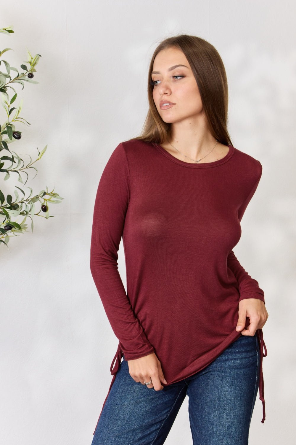 Culture Code Full Size Drawstring Round Neck Long Sleeve Top - Blouse - WINE - Bella Bourget