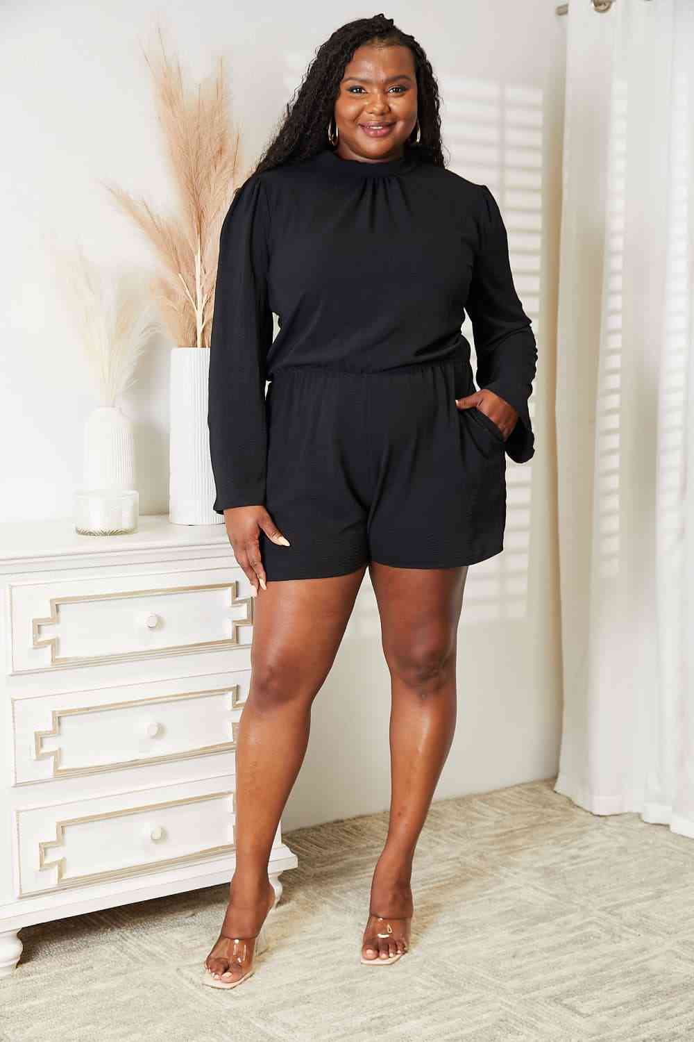 Culture Code Full Size Open Back Romper with Pockets - Full Size Romper - Black - Bella Bourget