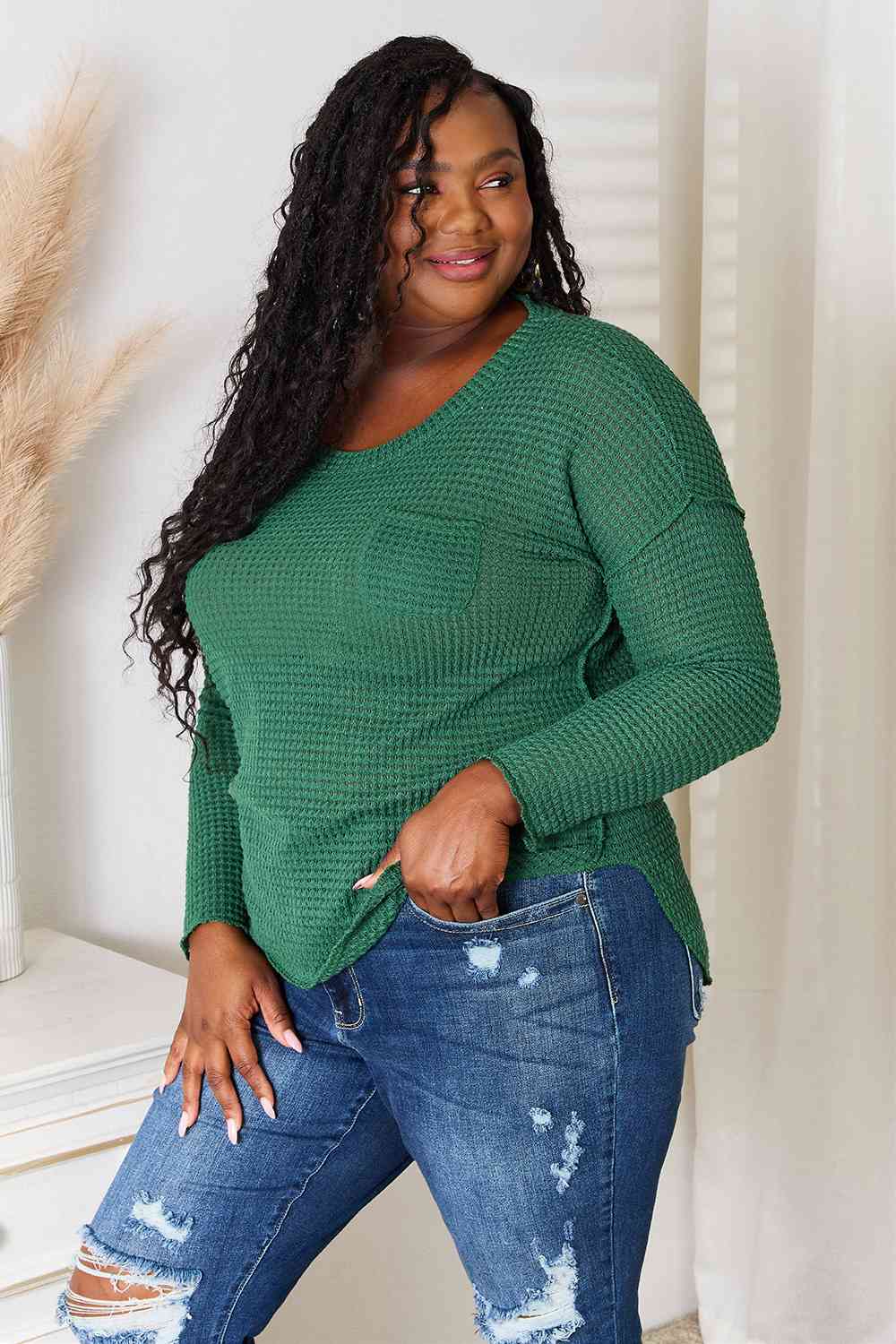 Culture Code Full Size Scoop Neck Patch Pocket Top - Full Size Sweater - Green - Bella Bourget