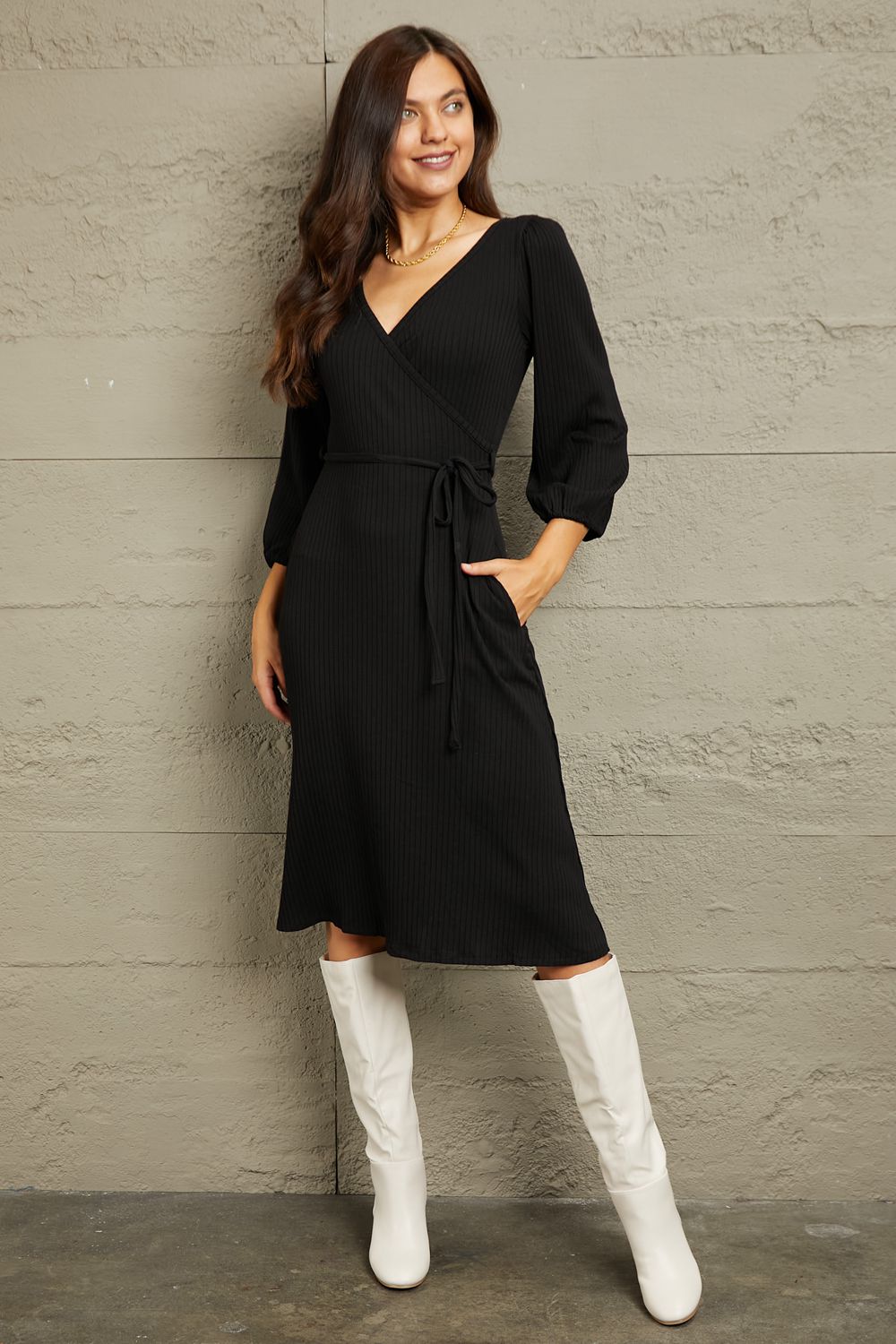 Culture Code Full Size Surplice Flare Ruching Dress - Full Size Dress - Black - Bella Bourget