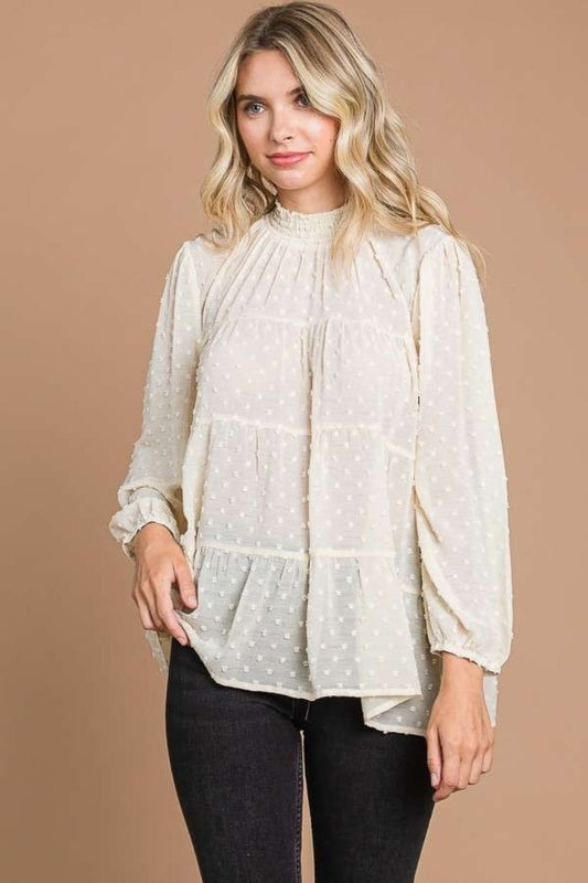 Culture Code Full Size Swiss Dot Smocked Mock Neck Blouse - Blouse - IVORY CREAM - Bella Bourget