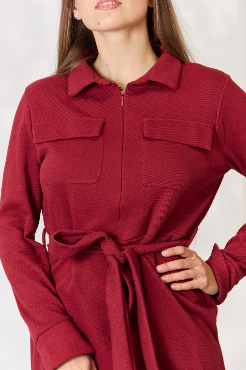 Culture Code Full Size Tie Front Half Zip Long Sleeve Shirt Dress - Dress - BURGUNDY - Bella Bourget