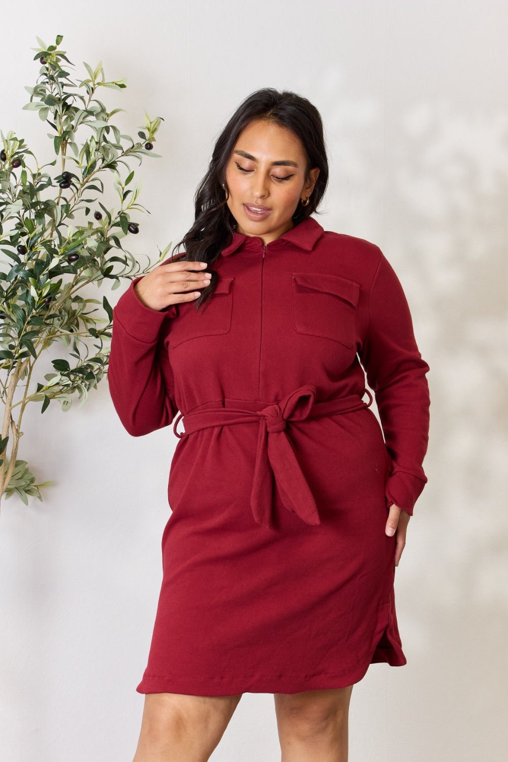 Culture Code Full Size Tie Front Half Zip Long Sleeve Shirt Dress - Dress - BURGUNDY - Bella Bourget