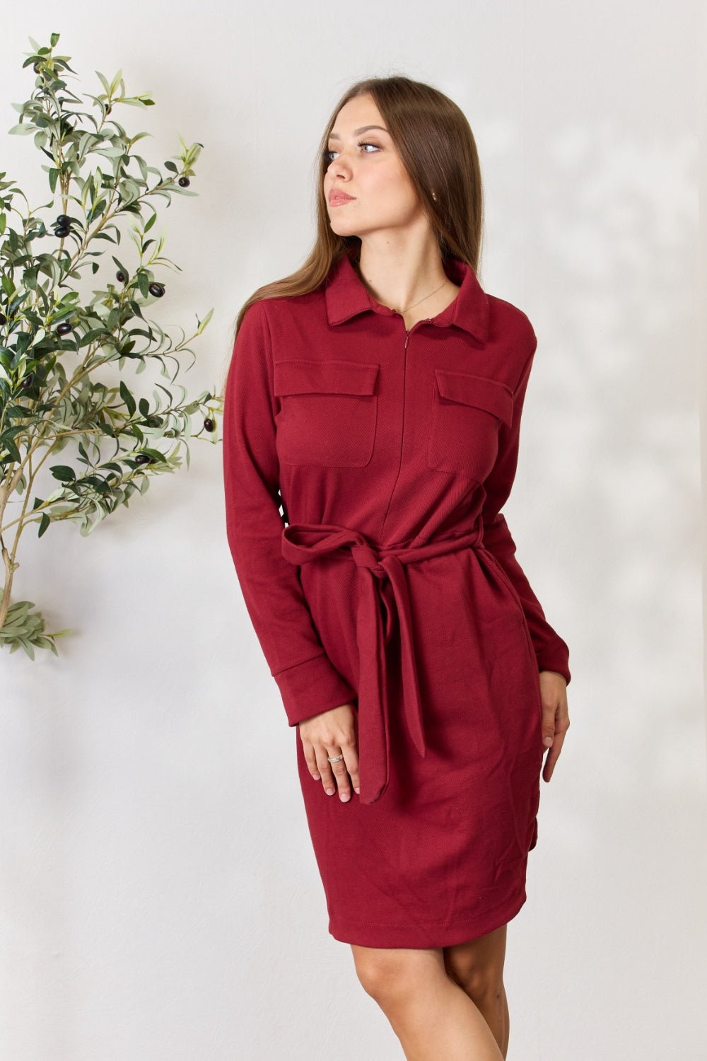 Culture Code Full Size Tie Front Half Zip Long Sleeve Shirt Dress - Dress - BURGUNDY - Bella Bourget