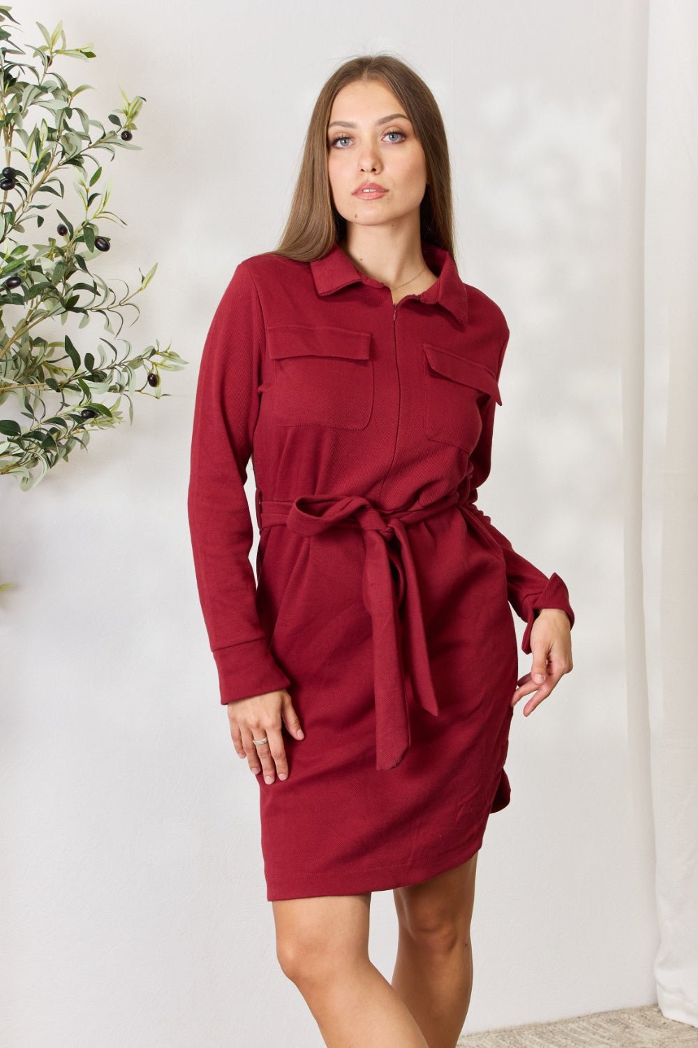 Culture Code Full Size Tie Front Half Zip Long Sleeve Shirt Dress - Dress - BURGUNDY - Bella Bourget