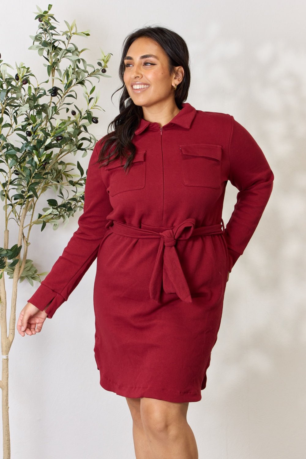 Culture Code Full Size Tie Front Half Zip Long Sleeve Shirt Dress - Dress - BURGUNDY - Bella Bourget