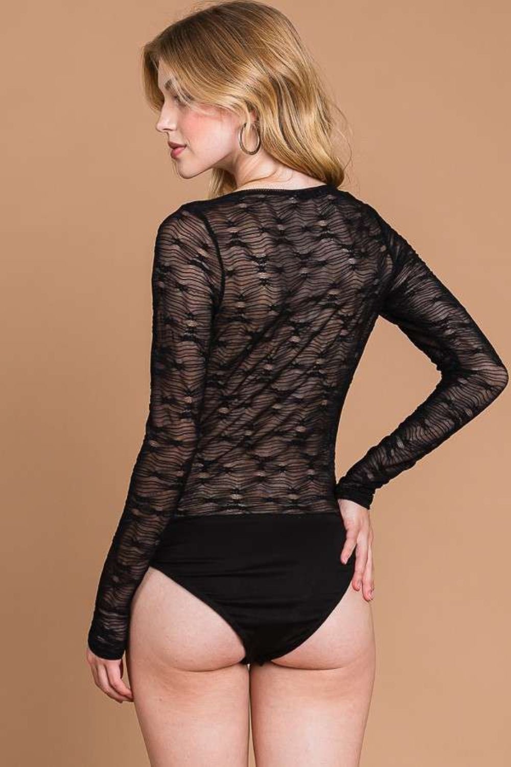 Culture Code Round Neck Mesh Perspective Bodysuit - Bodysuit - Black - Bella Bourget