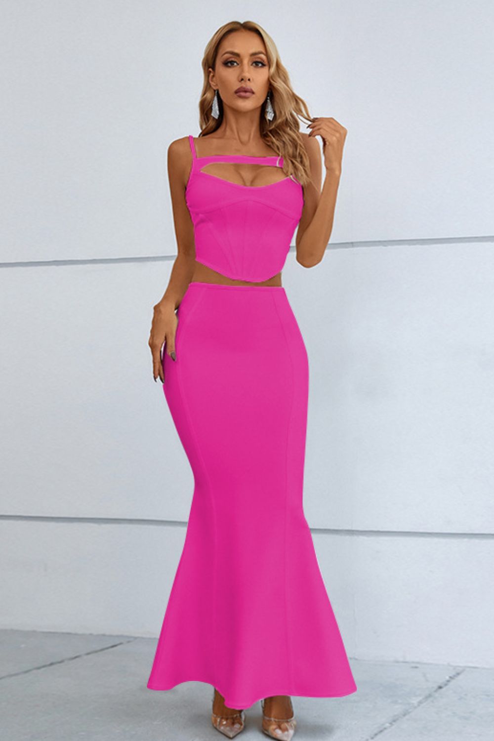 Cutout Seam Detail Cami and Fishtail Skirt Set - Two - Piece Set - Fuchsia - Bella Bourget