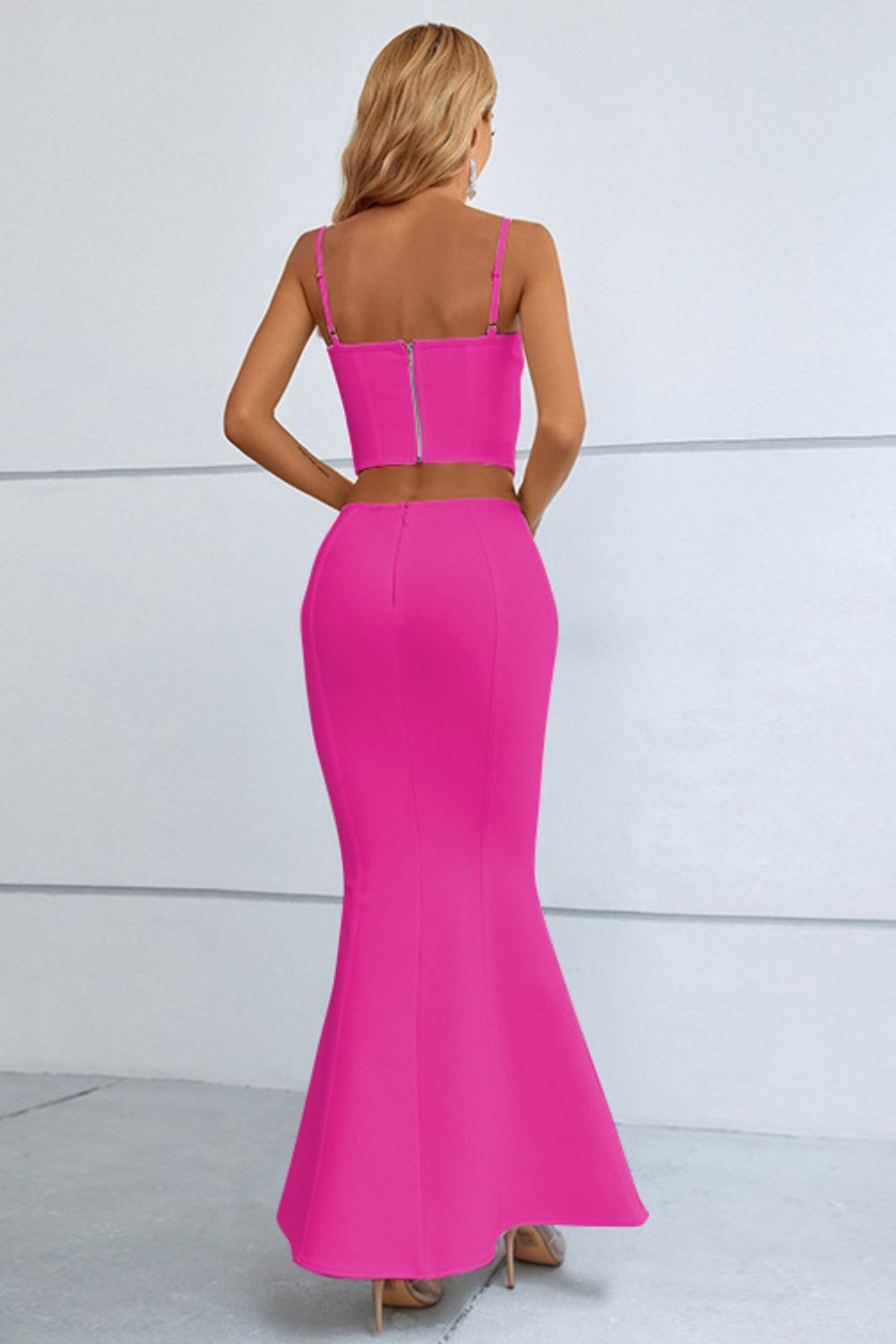 Cutout Seam Detail Cami and Fishtail Skirt Set - Two - Piece Set - Fuchsia - Bella Bourget