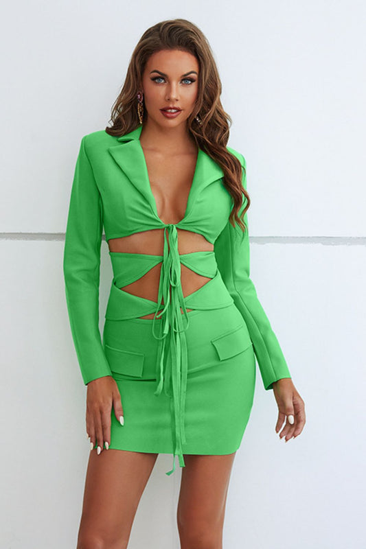 Cutout Tied Blazer and Skirt Set - Two - Piece Set - Mid Green - Bella Bourget