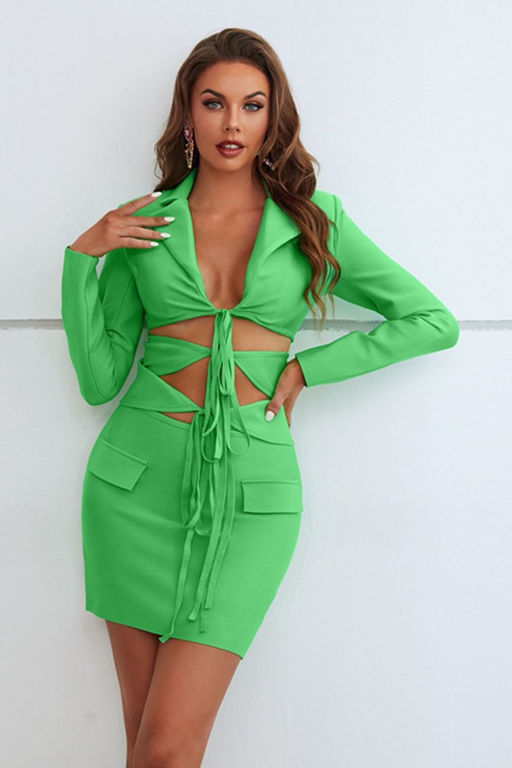 Cutout Tied Blazer and Skirt Set - Two - Piece Set - Mid Green - Bella Bourget