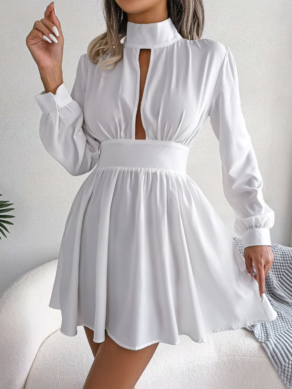 Cutout Turtleneck A - Line Mini Dress - Dress - White - Bella Bourget