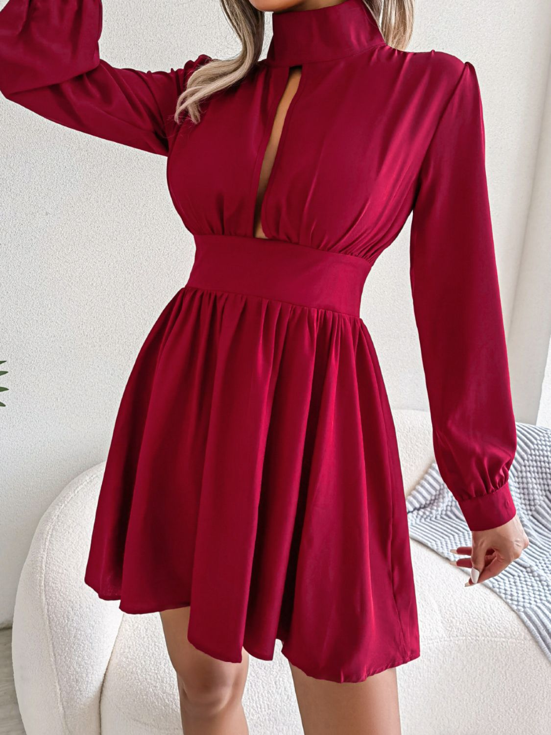 Cutout Turtleneck A - Line Mini Dress - Dress - Red - Bella Bourget