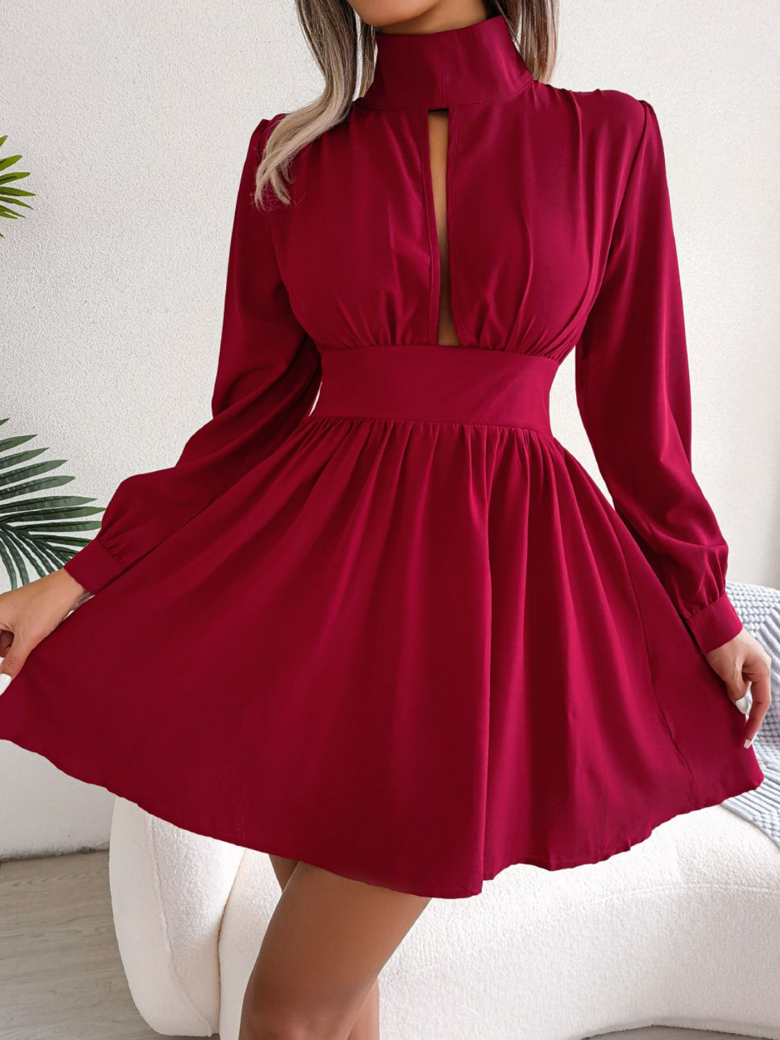 Cutout Turtleneck A - Line Mini Dress - Dress - Red - Bella Bourget