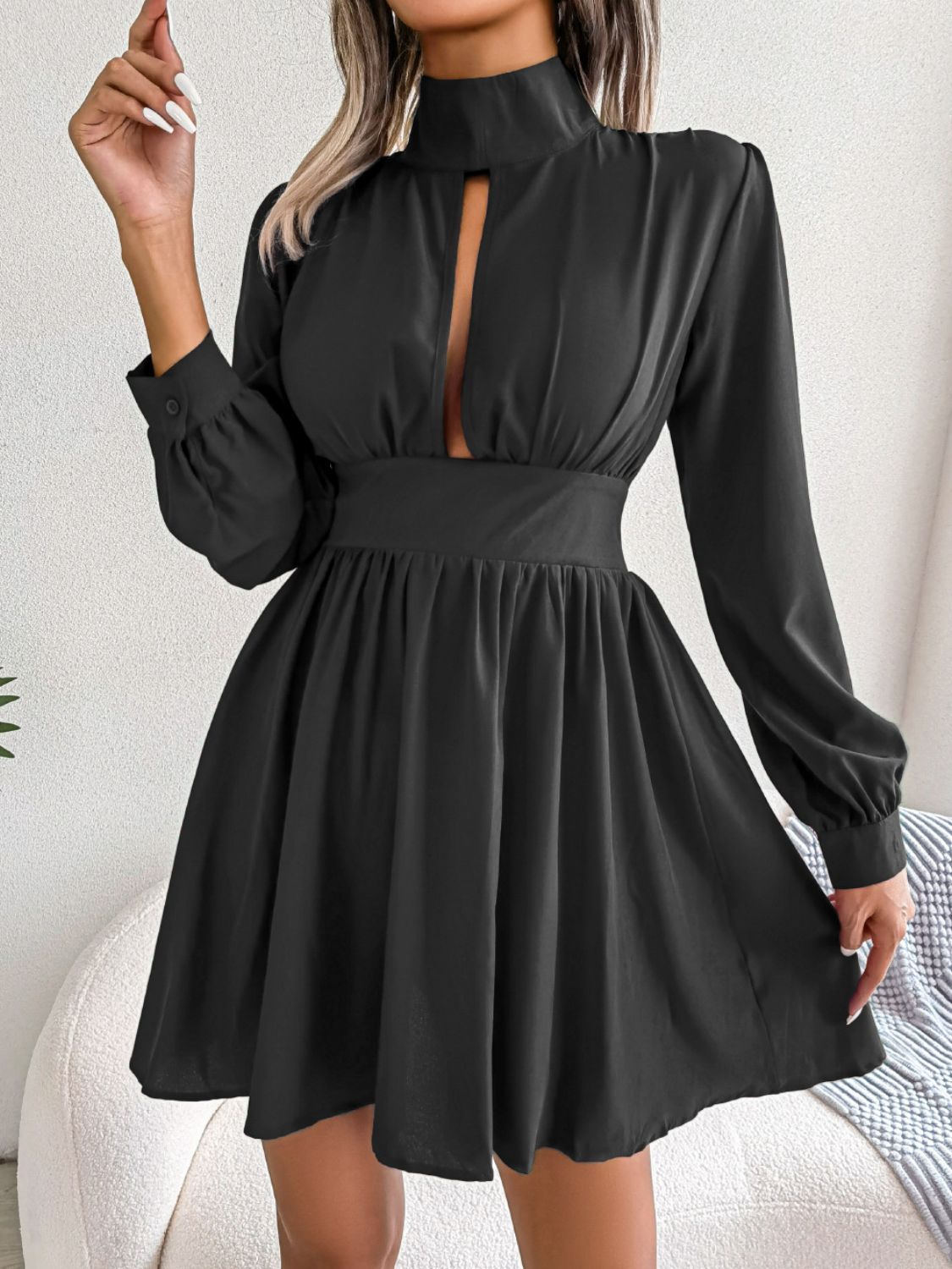 Cutout Turtleneck A - Line Mini Dress - Dress - Black - Bella Bourget