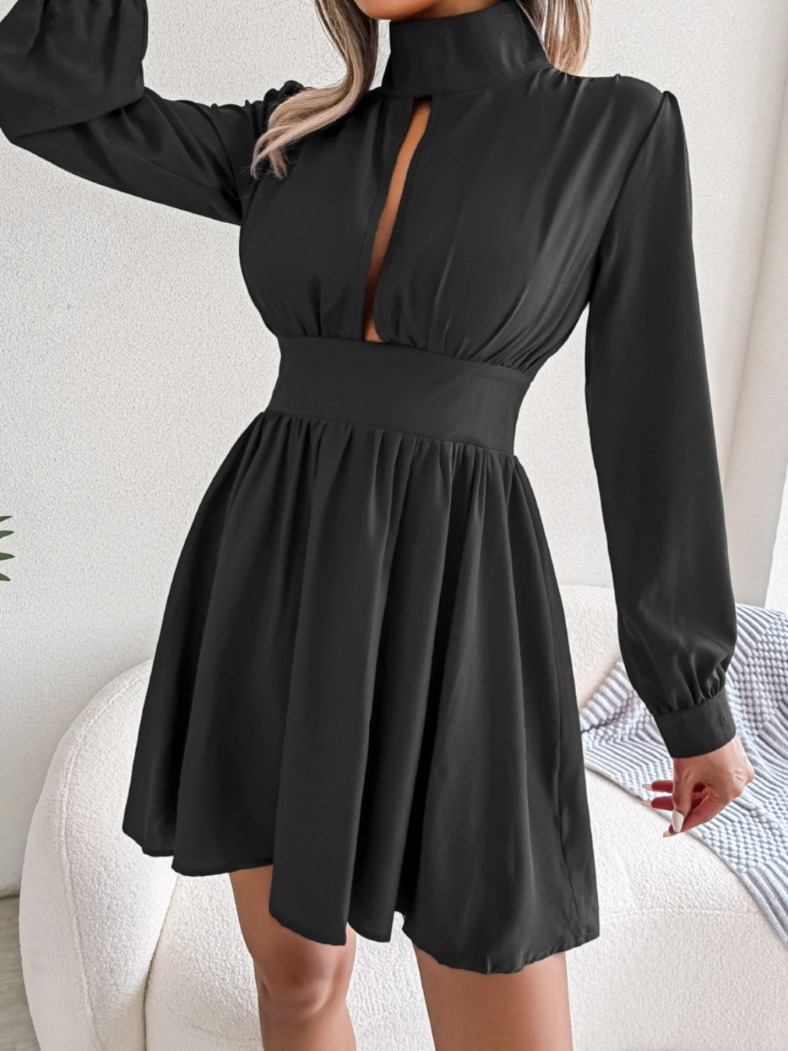 Cutout Turtleneck A - Line Mini Dress - Dress - Black - Bella Bourget