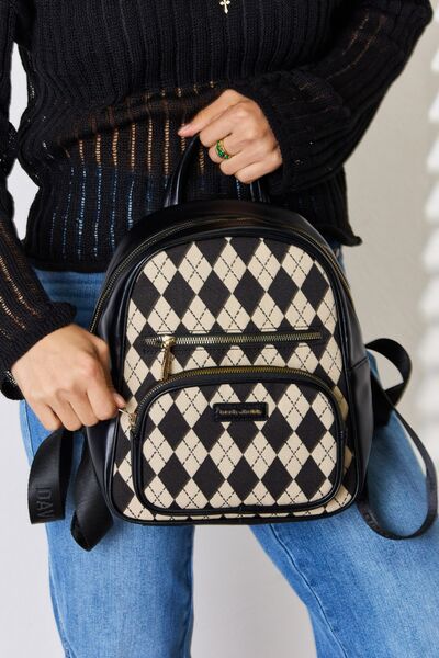 David Jones Argyle Pattern Faux Leather Backpack - bag - Black - Bella Bourget