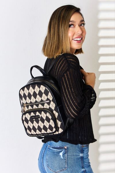 David Jones Argyle Pattern Faux Leather Backpack - bag - Black - Bella Bourget