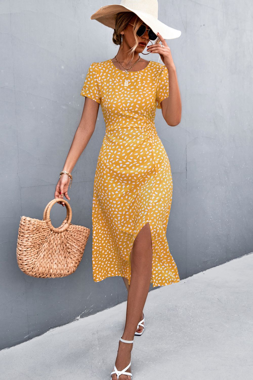 Printed Slit Cutout Midi Dress (Belt Not Included) - Dress - Yellow - Bella Bourget