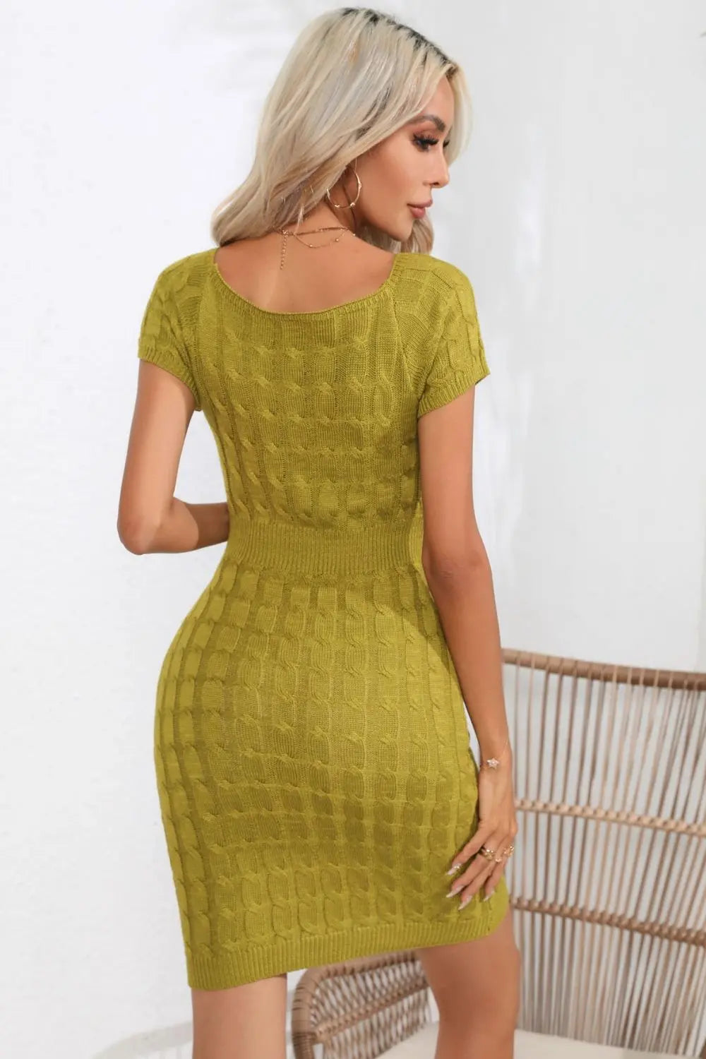 Decorative Button Round Neck Short Sleeve Sweater Dress - Dress - Chartreuse - Bella Bourget