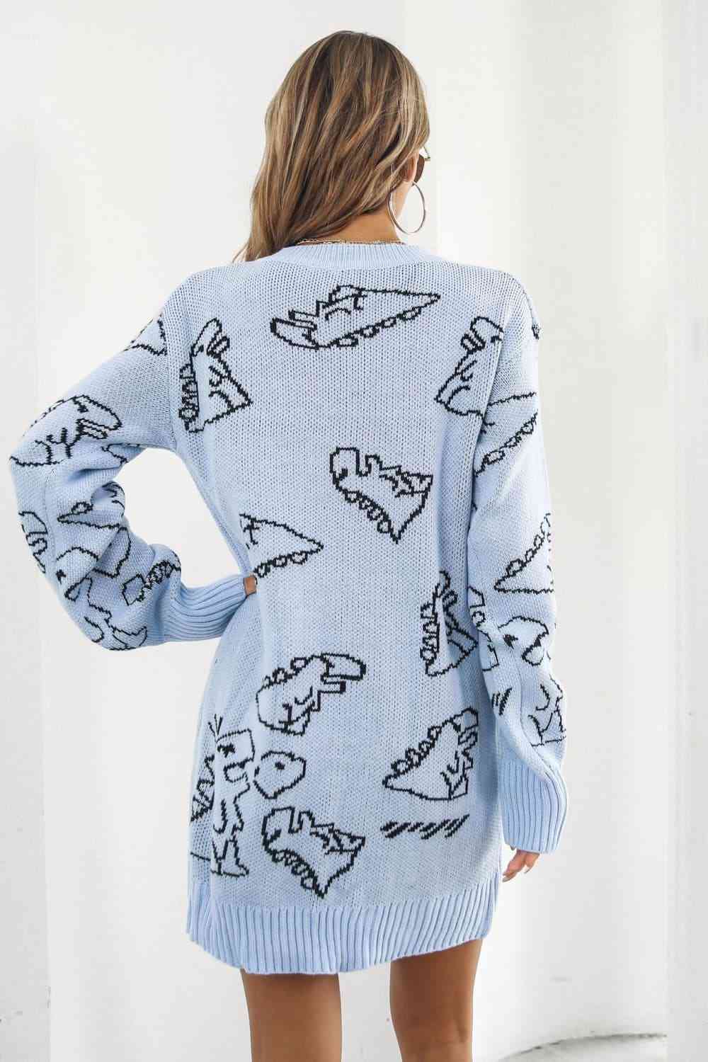 Dinosaur Pattern V - Neck Sweater Dress - Sweater Dress - Pastel Blue - Bella Bourget