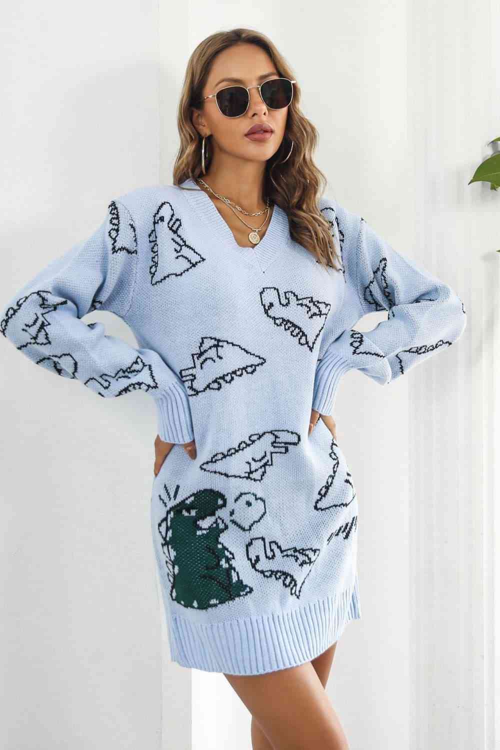 Dinosaur Pattern V - Neck Sweater Dress - Sweater Dress - Pastel Blue - Bella Bourget