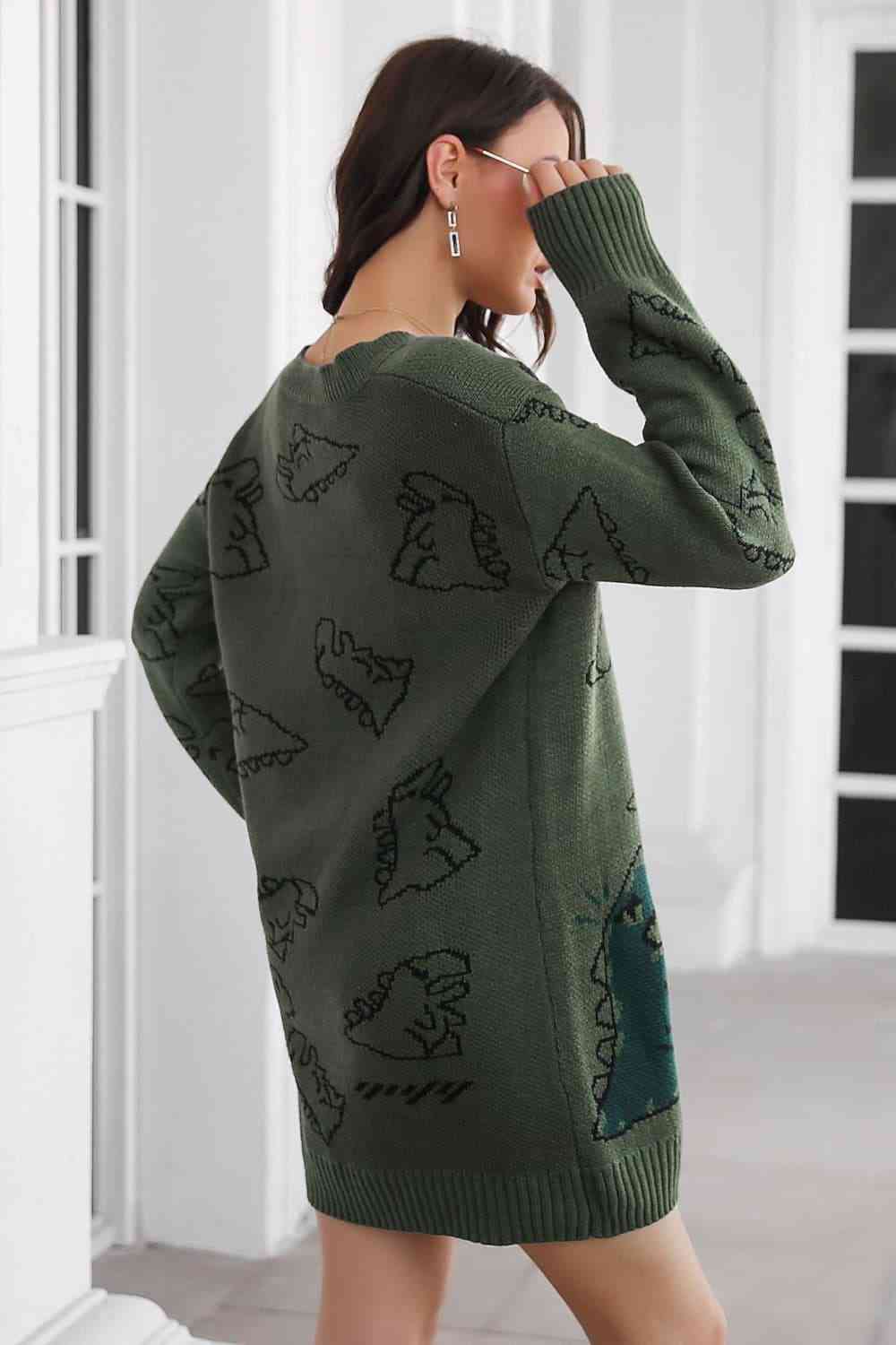 Dinosaur Pattern V - Neck Sweater Dress - Sweater Dress - Army Green - Bella Bourget