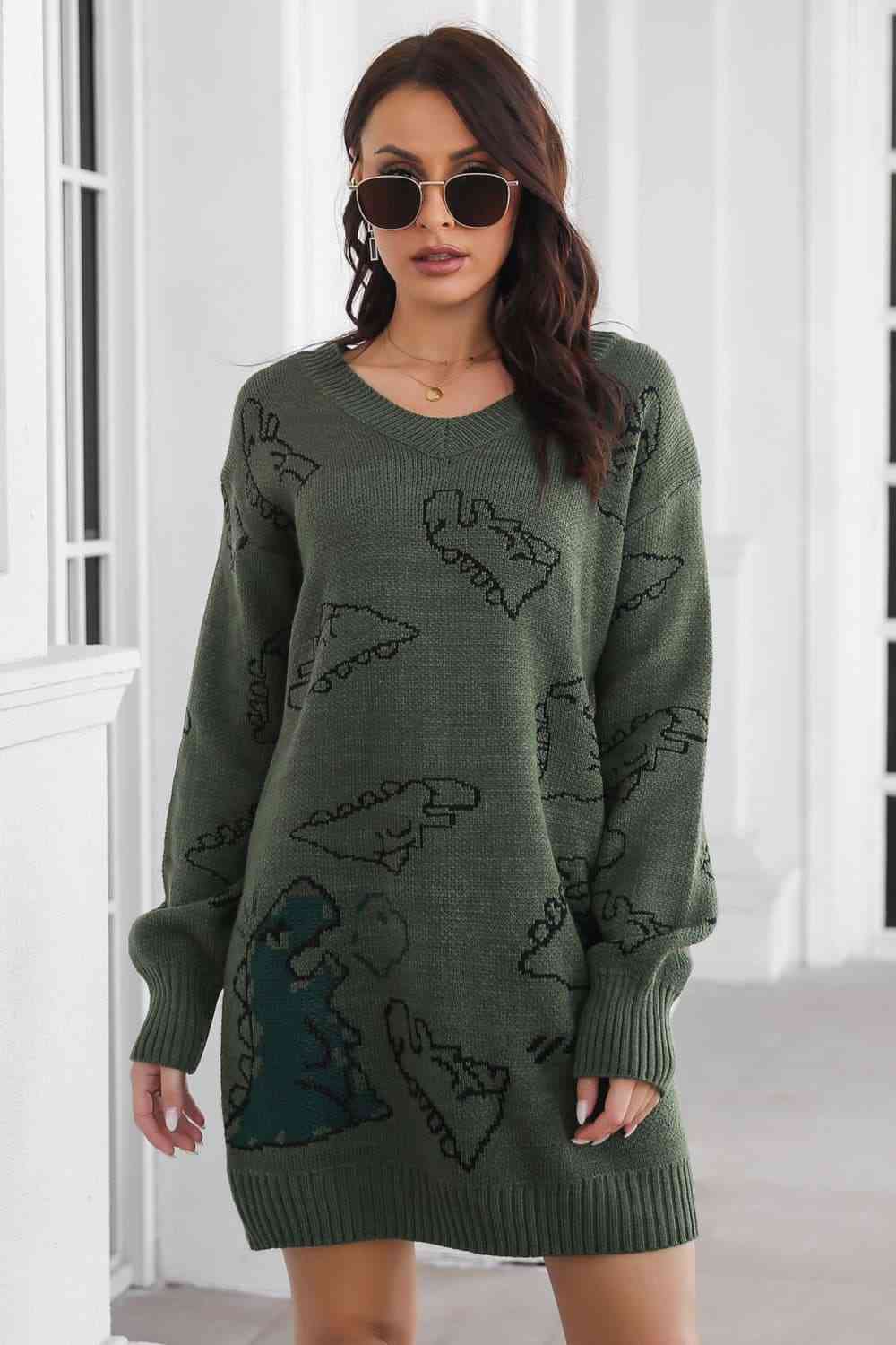 Dinosaur Pattern V - Neck Sweater Dress - Sweater Dress - Army Green - Bella Bourget