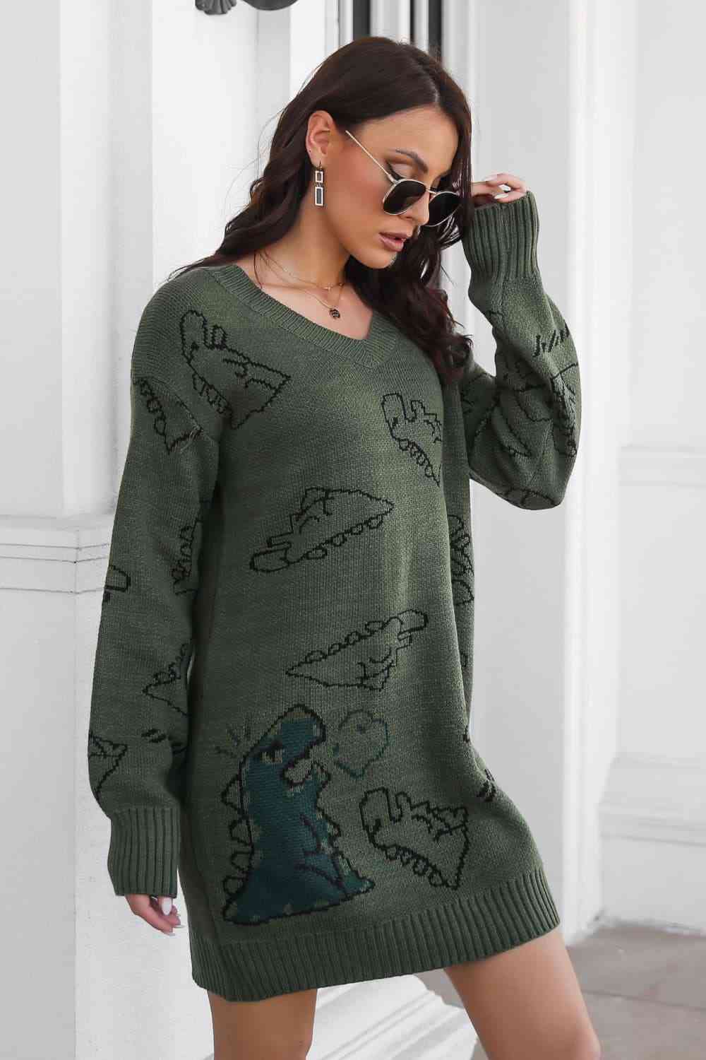 Dinosaur Pattern V - Neck Sweater Dress - Sweater Dress - Army Green - Bella Bourget