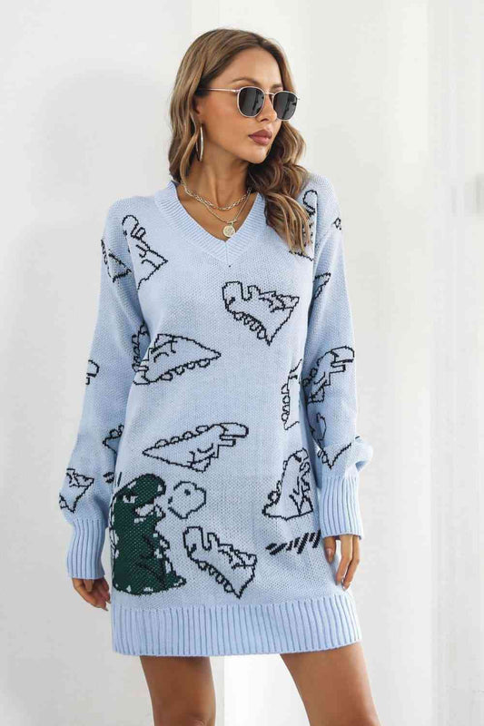 Dinosaur Pattern V - Neck Sweater Dress - Sweater Dress - Pastel Blue - Bella Bourget