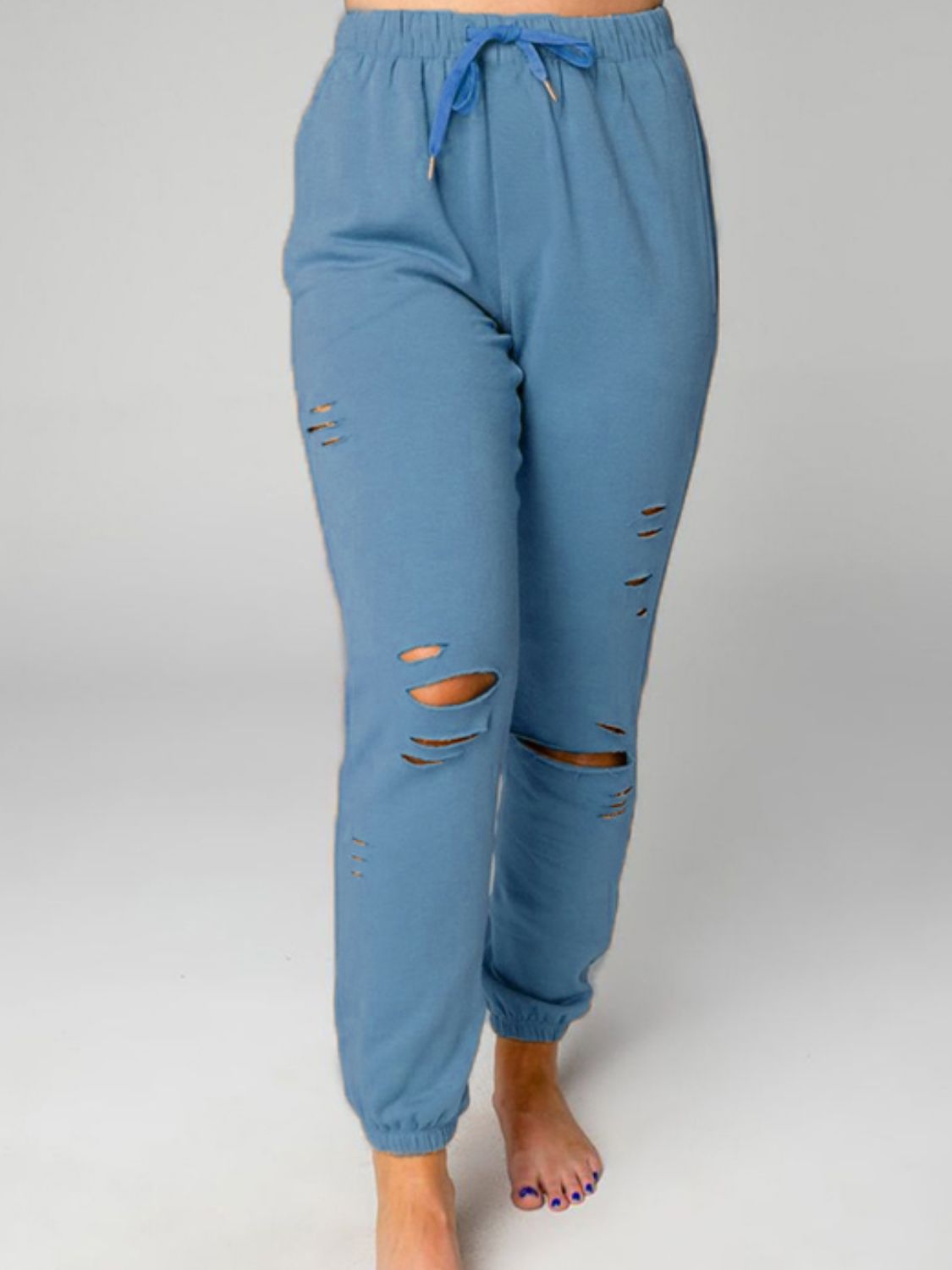 Distressed Sweatshirt and Joggers Set - Full Size Active Sets - Misty Blue - Bella Bourget