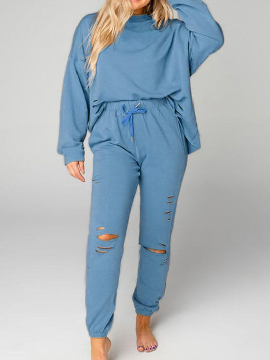Distressed Sweatshirt and Joggers Set - Full Size Active Sets - Misty Blue - Bella Bourget