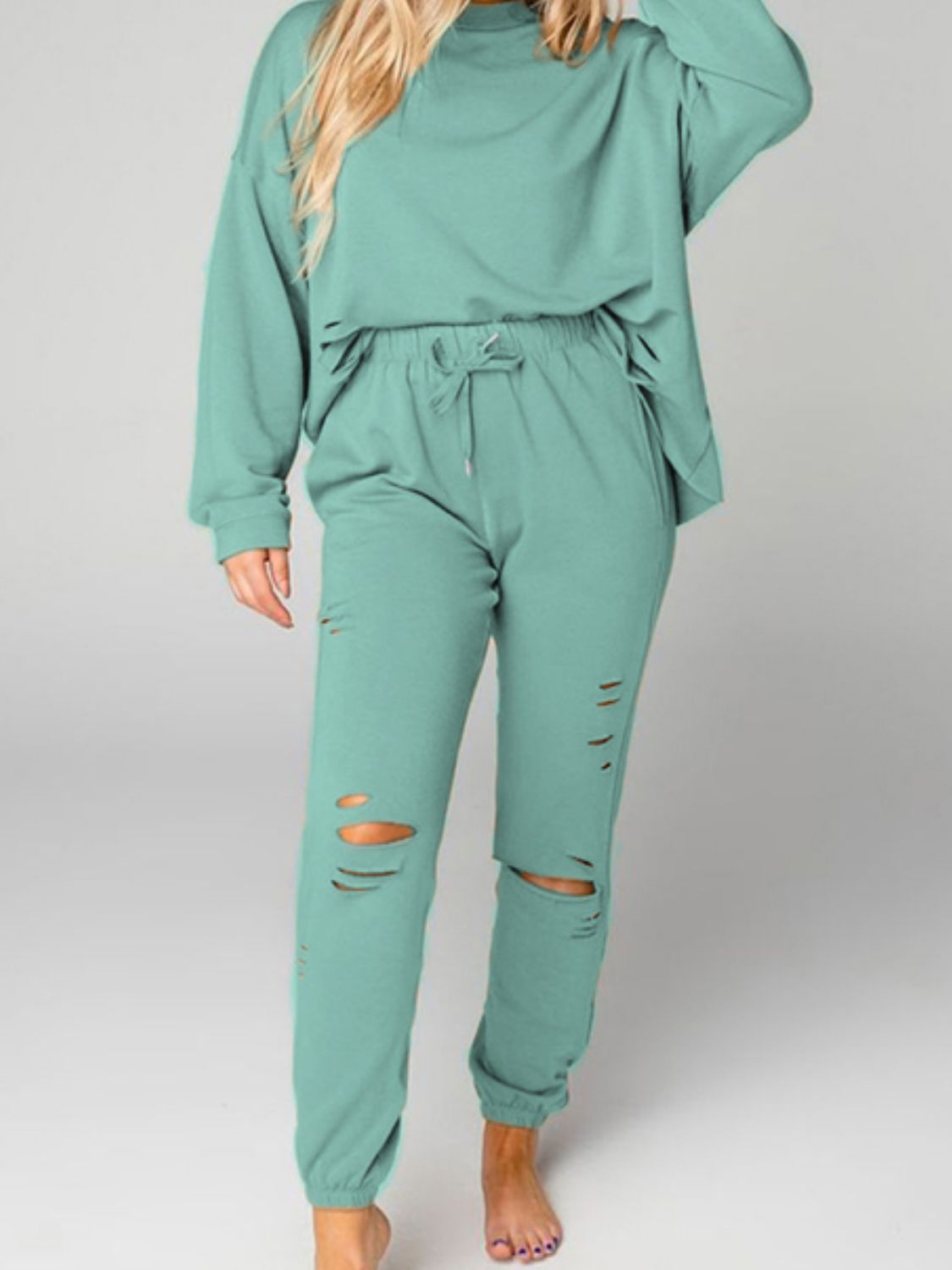 Distressed Sweatshirt and Joggers Set - Full Size Active Sets - Gum Leaf - Bella Bourget