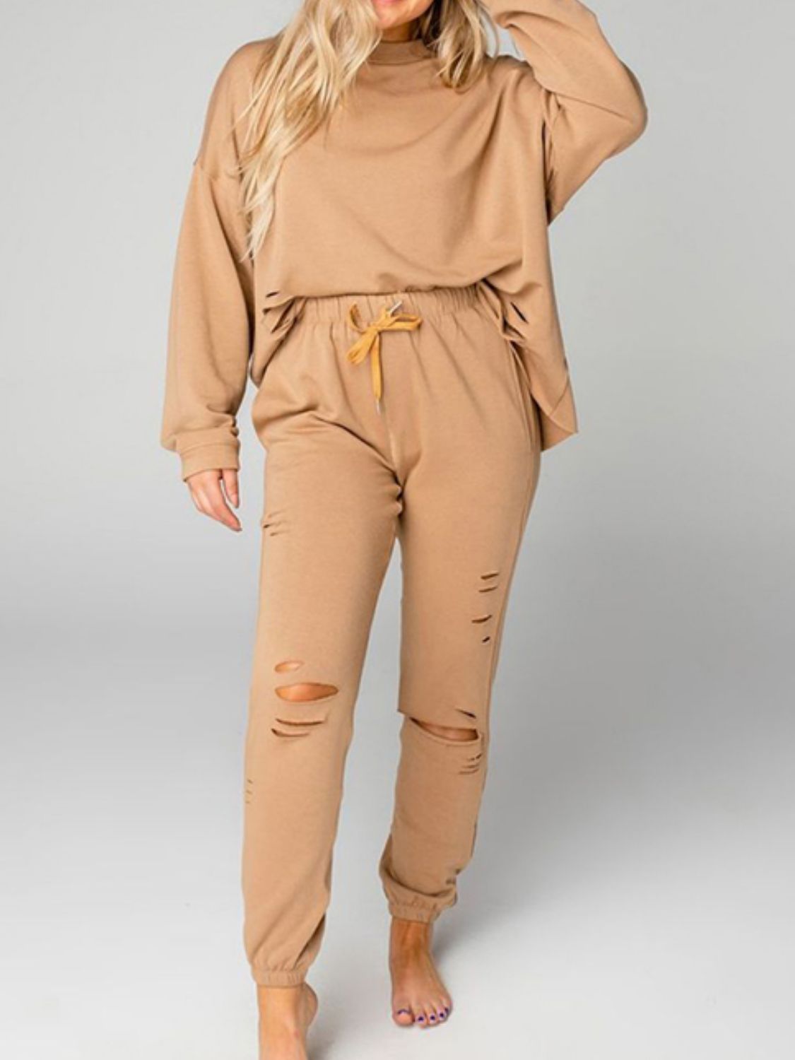 Distressed Sweatshirt and Joggers Set - Full Size Active Sets - Tan - Bella Bourget