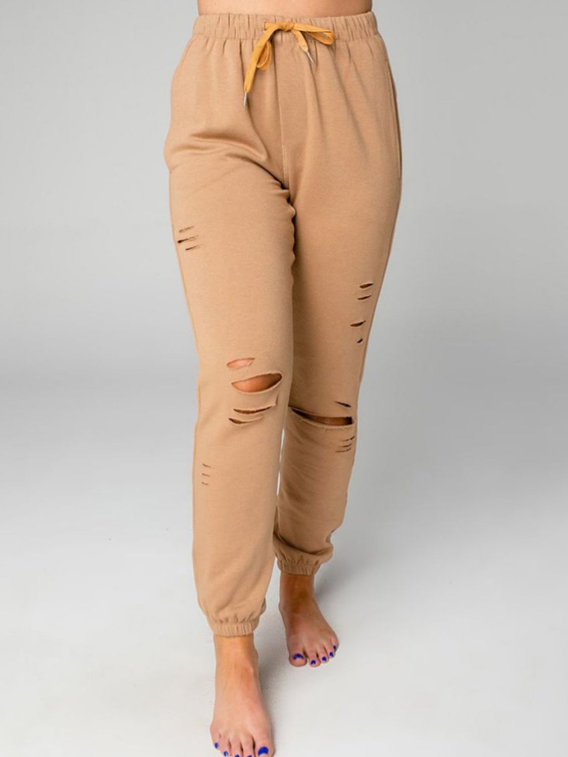 Distressed Sweatshirt and Joggers Set - Full Size Active Sets - Tan - Bella Bourget