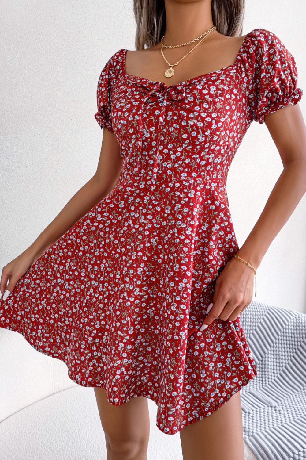 Ditsy Floral Drawstring A - Line Dress - Dress - Red - Bella Bourget