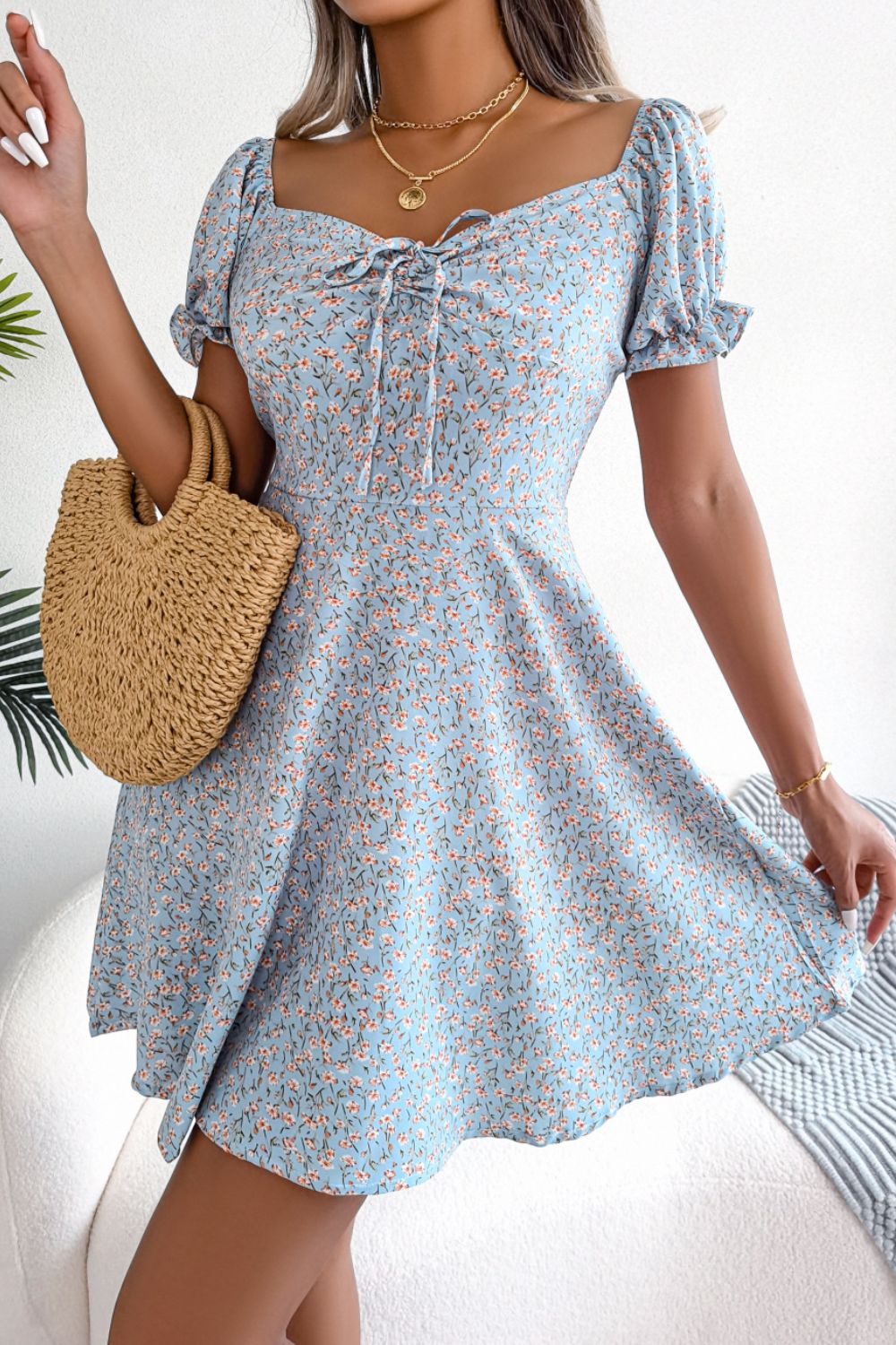 Ditsy Floral Drawstring A - Line Dress - Dress - Sky Blue - Bella Bourget