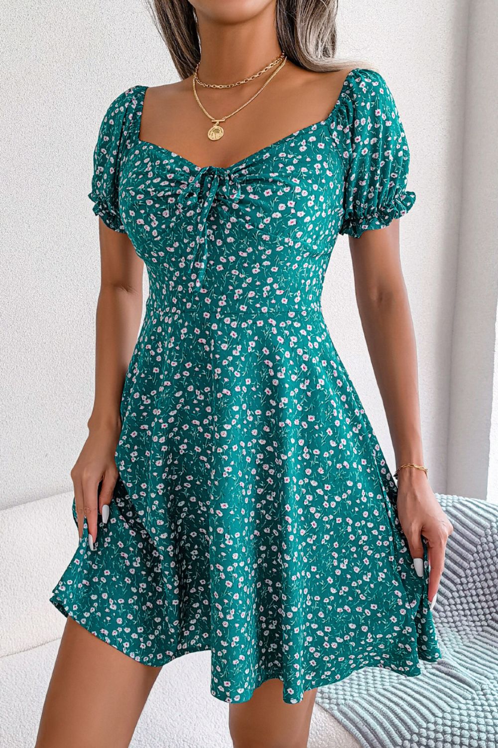 Ditsy Floral Drawstring A - Line Dress - Dress - Green - Bella Bourget