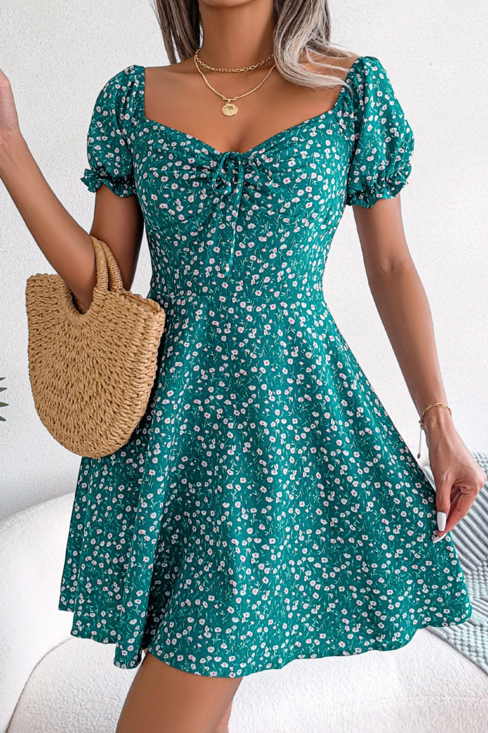 Ditsy Floral Drawstring A - Line Dress - Dress - Green - Bella Bourget