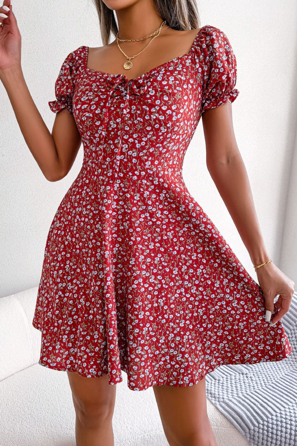 Ditsy Floral Drawstring A - Line Dress - Dress - Red - Bella Bourget